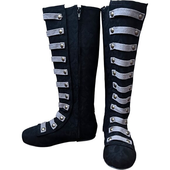 Joyfolie Leighton Black Lace Tall Boots with Grey Straps and Brass Studs Size 1 - Picture 2 of 8